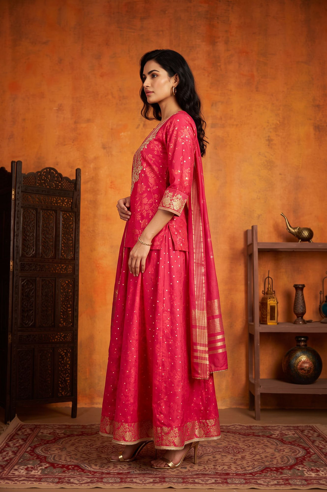 Pink Zari Embroidered Straight Kurta with Skirt and Dupatta Set