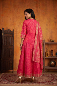 Pink Zari Embroidered Straight Kurta with Skirt and Dupatta Set