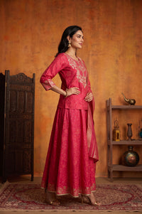Pink Zari Embroidered Straight Kurta with Skirt and Dupatta Set
