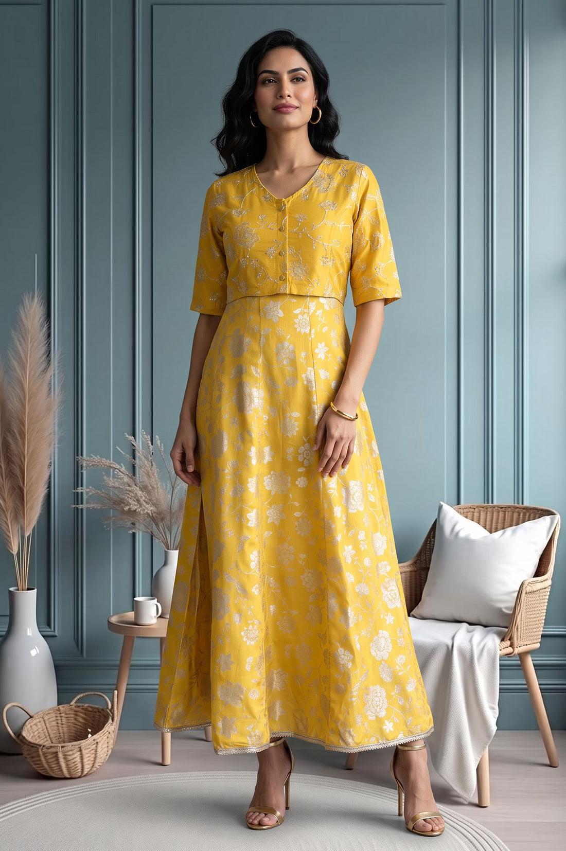 Yellow Embroidered Flared Dress and Short Jacket