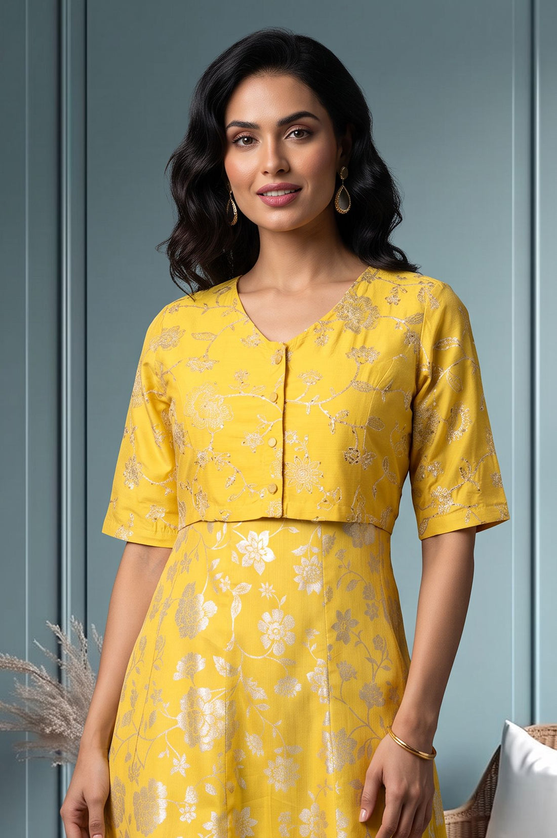 Yellow Embroidered Flared Dress and Short Jacket