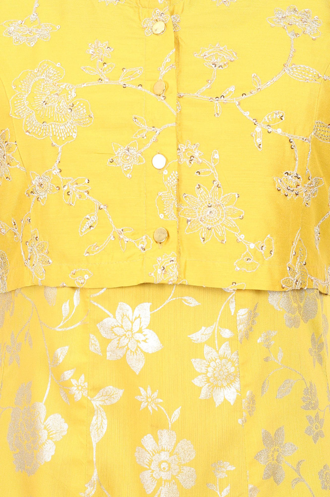 Yellow Foil Printed Flared Dress with Embroidered Short Jacket