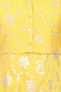 Yellow Foil Printed Flared Dress with Embroidered Short Jacket