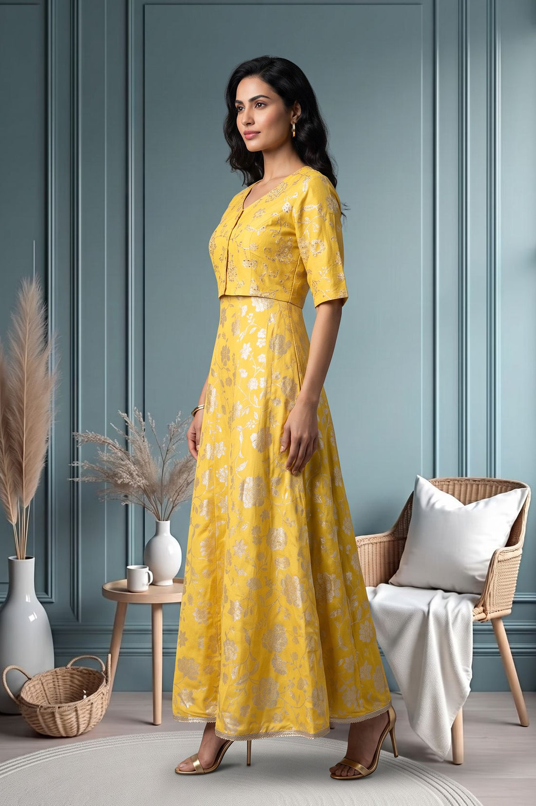 Yellow Foil Printed Flared Dress with Embroidered Short Jacket