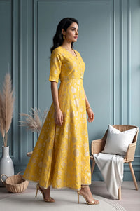 Yellow Foil Printed Flared Dress with Embroidered Short Jacket