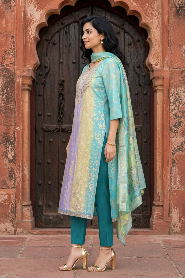 Aurelia Women's Multicolour Sequins Floral Printed Tissue Straight Kurta with Trousers and Dupatta Set