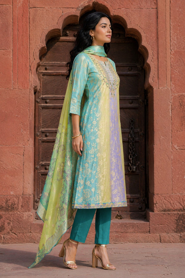 Aurelia Women's Multicolour Sequins Floral Printed Tissue Straight Kurta with Trousers and Dupatta Set