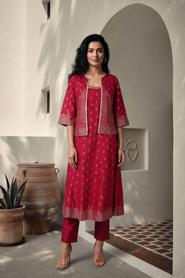 Red Foil Printed Straight Kurta with Jacket and Trousers Set