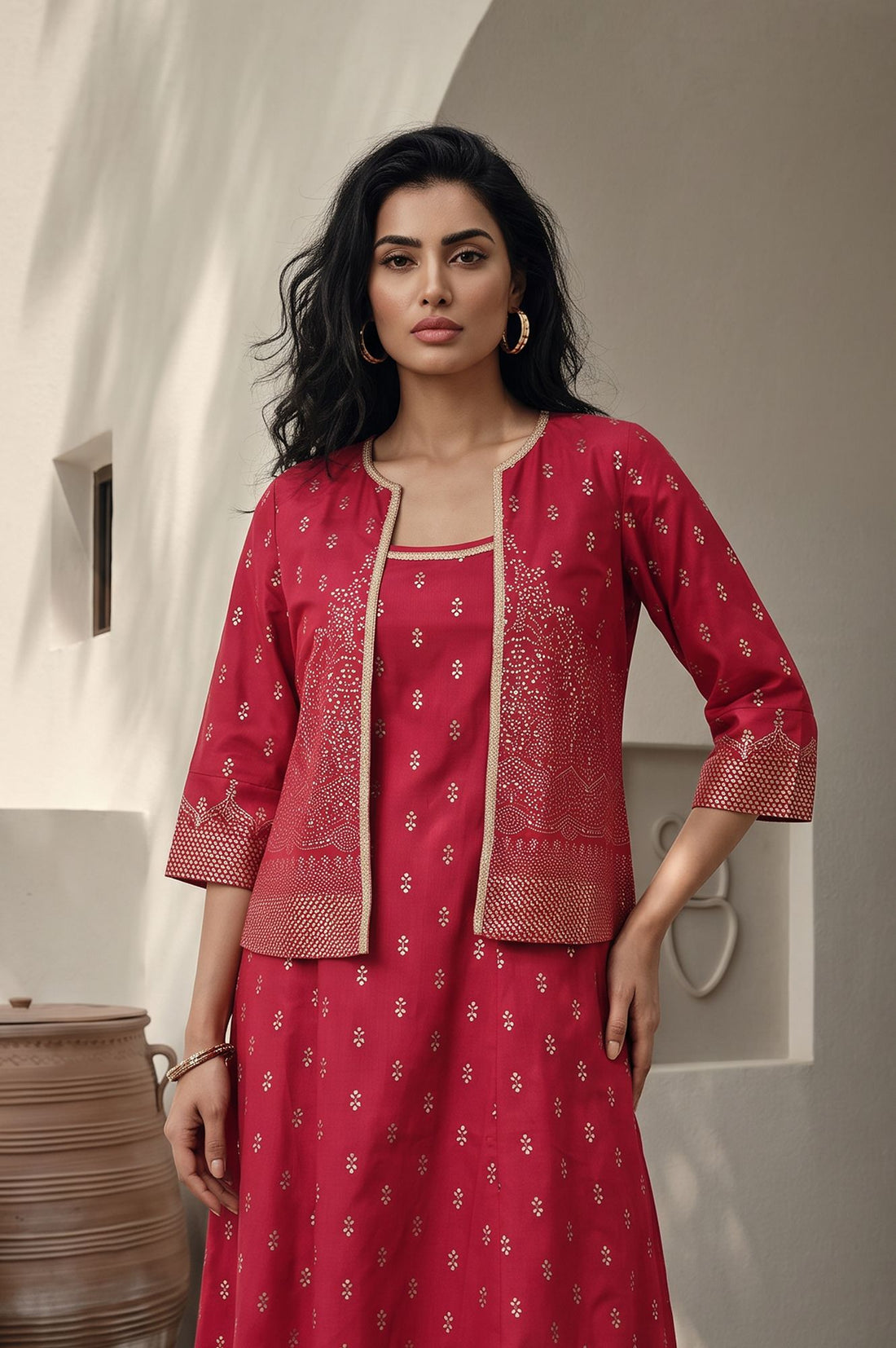 Red Foil Printed Straight Kurta with Jacket and Trousers Set