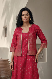 Red Foil Printed Straight Kurta with Jacket and Trousers Set