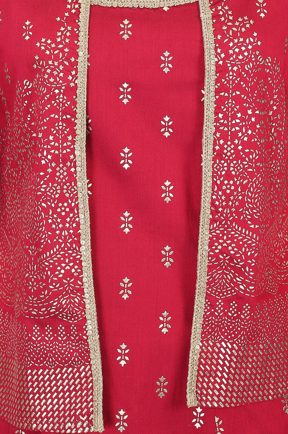 Red Foil Printed Straight Kurta with Jacket and Trousers Set