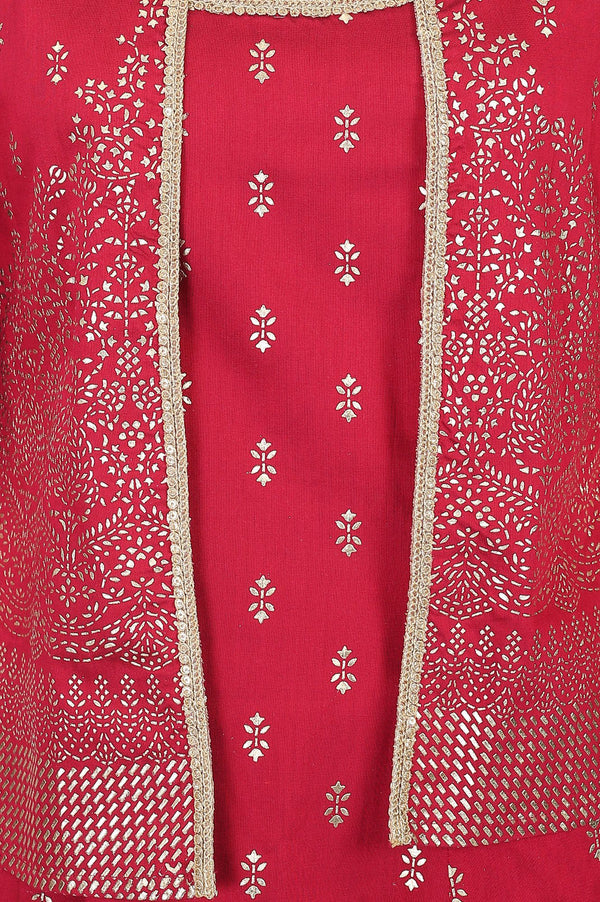 Red Foil Printed Straight Kurta with Jacket and Trousers Set