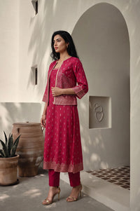 Red Foil Printed Straight Kurta with Jacket and Trousers Set