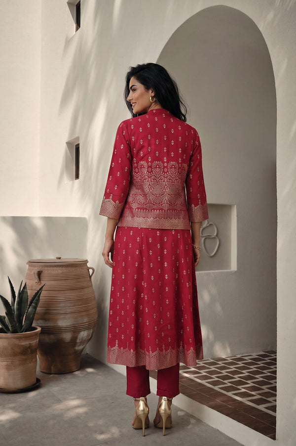 Red Foil Printed Straight Kurta with Jacket and Trousers Set