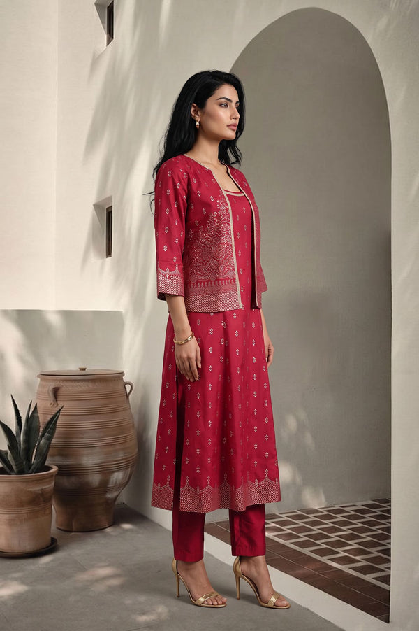 Red Foil Printed Straight Kurta with Jacket and Trousers Set