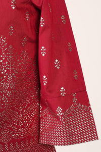 Red Foil Printed Straight Kurta with Jacket and Trousers Set