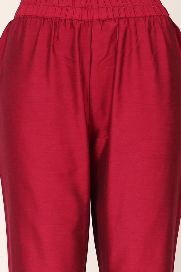 Red Foil Printed Straight Kurta with Jacket and Trousers Set