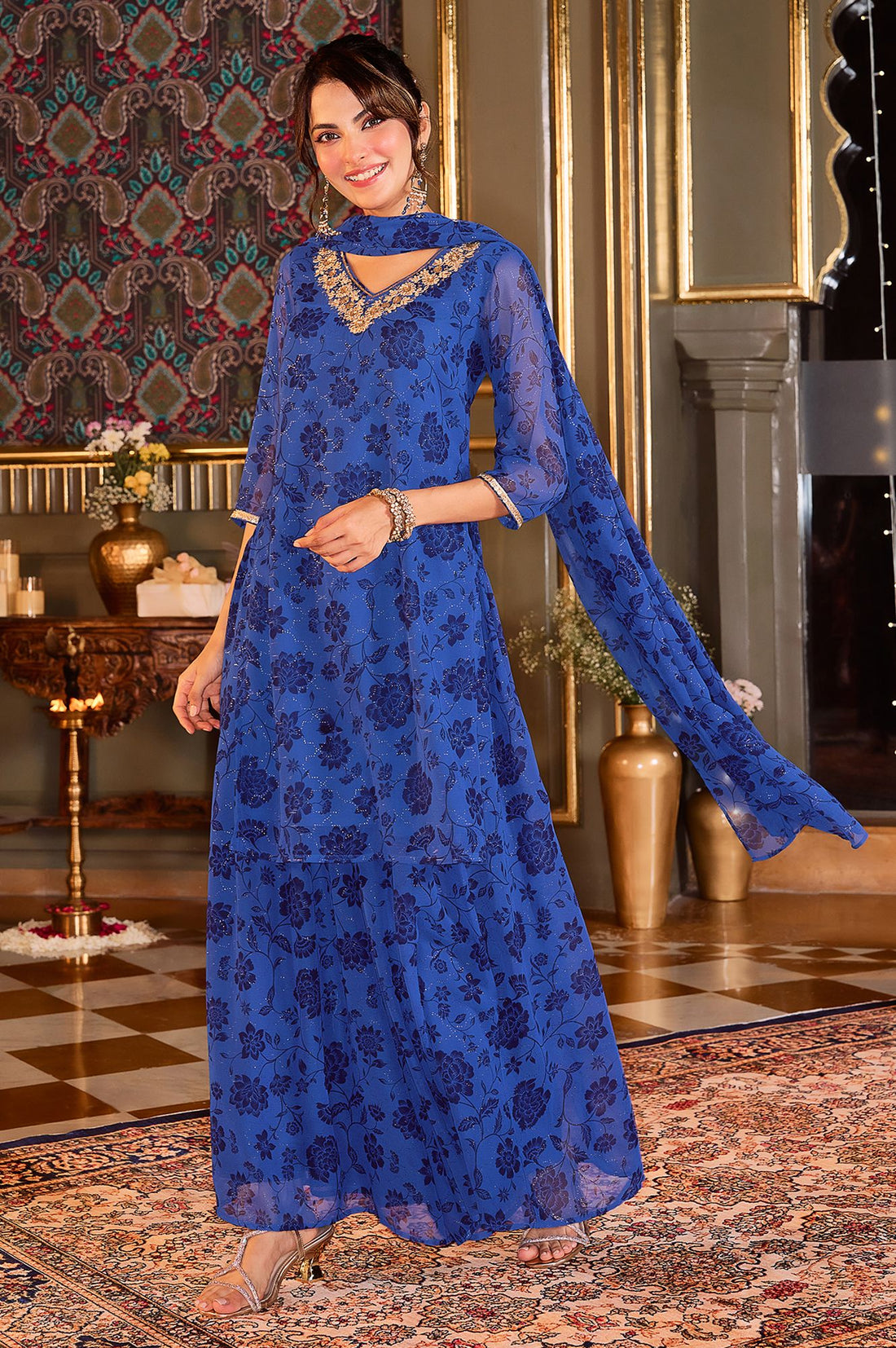 Blue Floral Printed Sequins Georgette Straight Kurta with Palazzo and Dupatta Set
