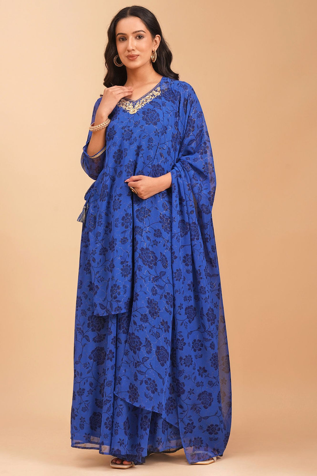 Blue Floral Printed Sequins Georgette Straight Kurta with Palazzo and Dupatta Set