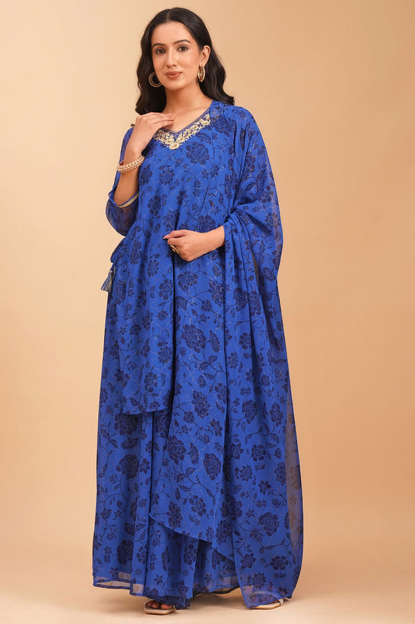 Blue Floral Printed Sequins Georgette Straight Kurta with Palazzo and Dupatta Set