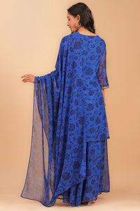 Blue Floral Printed Sequins Georgette Straight Kurta with Palazzo and Dupatta Set