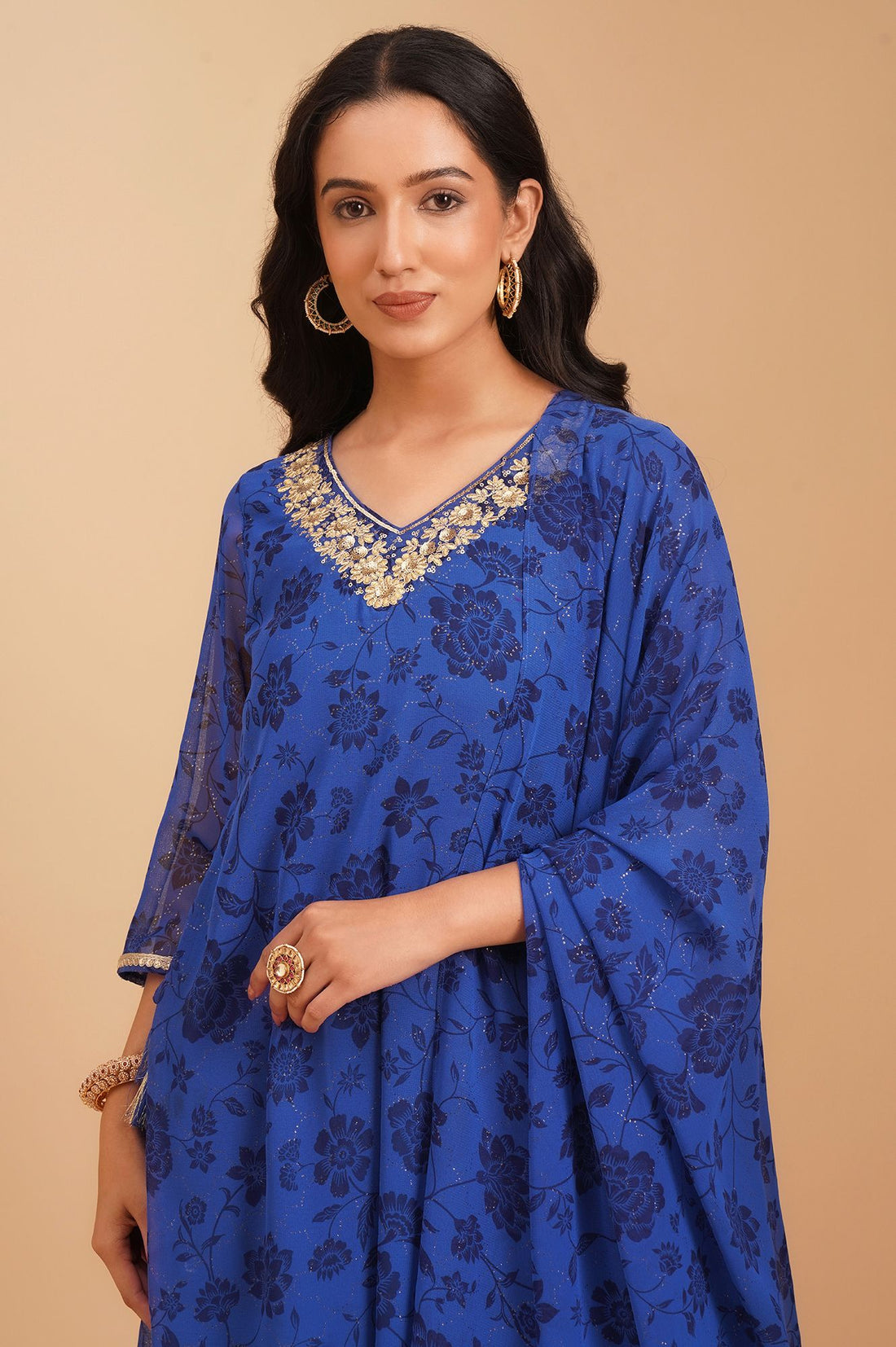 Blue Floral Printed Sequins Georgette Straight Kurta with Palazzo and Dupatta Set