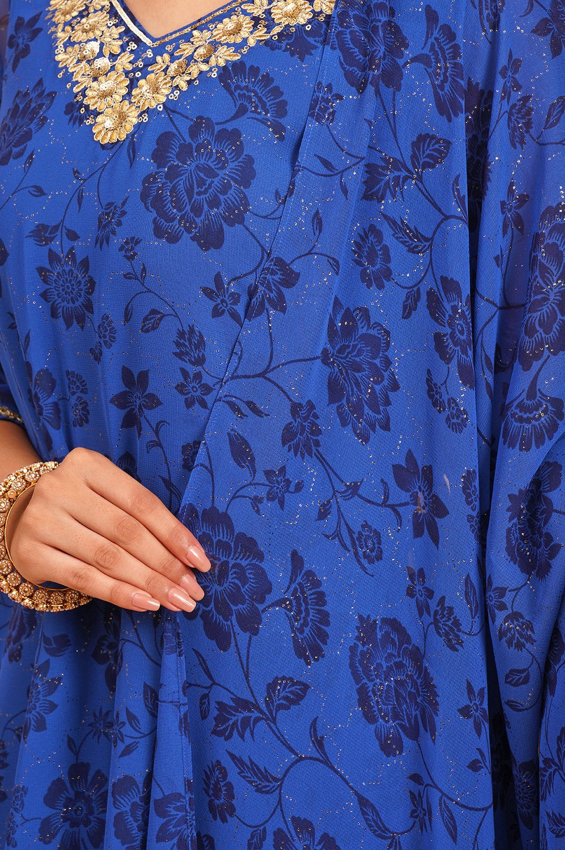 Blue Floral Printed Sequins Georgette Straight Kurta with Palazzo and Dupatta Set