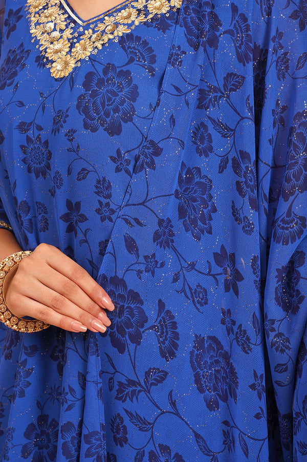 Blue Floral Printed Sequins Georgette Straight Kurta with Palazzo and Dupatta Set