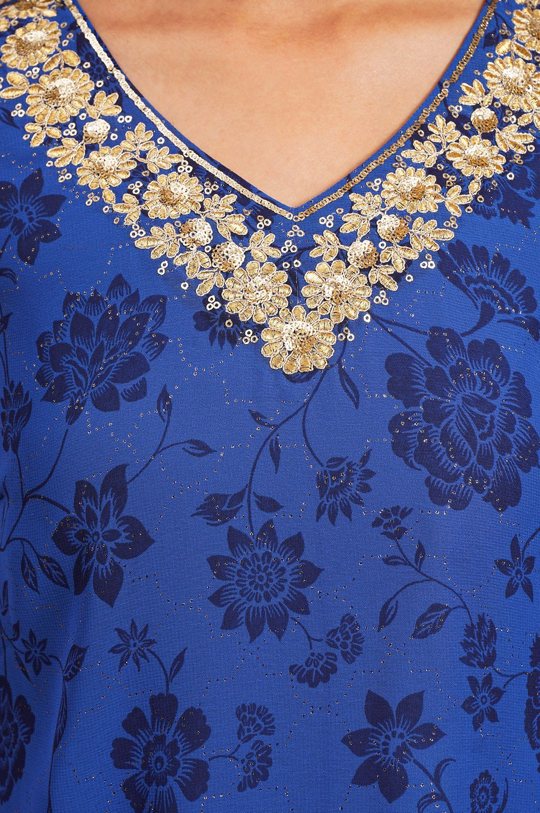 Blue Floral Printed Sequins Georgette Straight Kurta with Palazzo and Dupatta Set