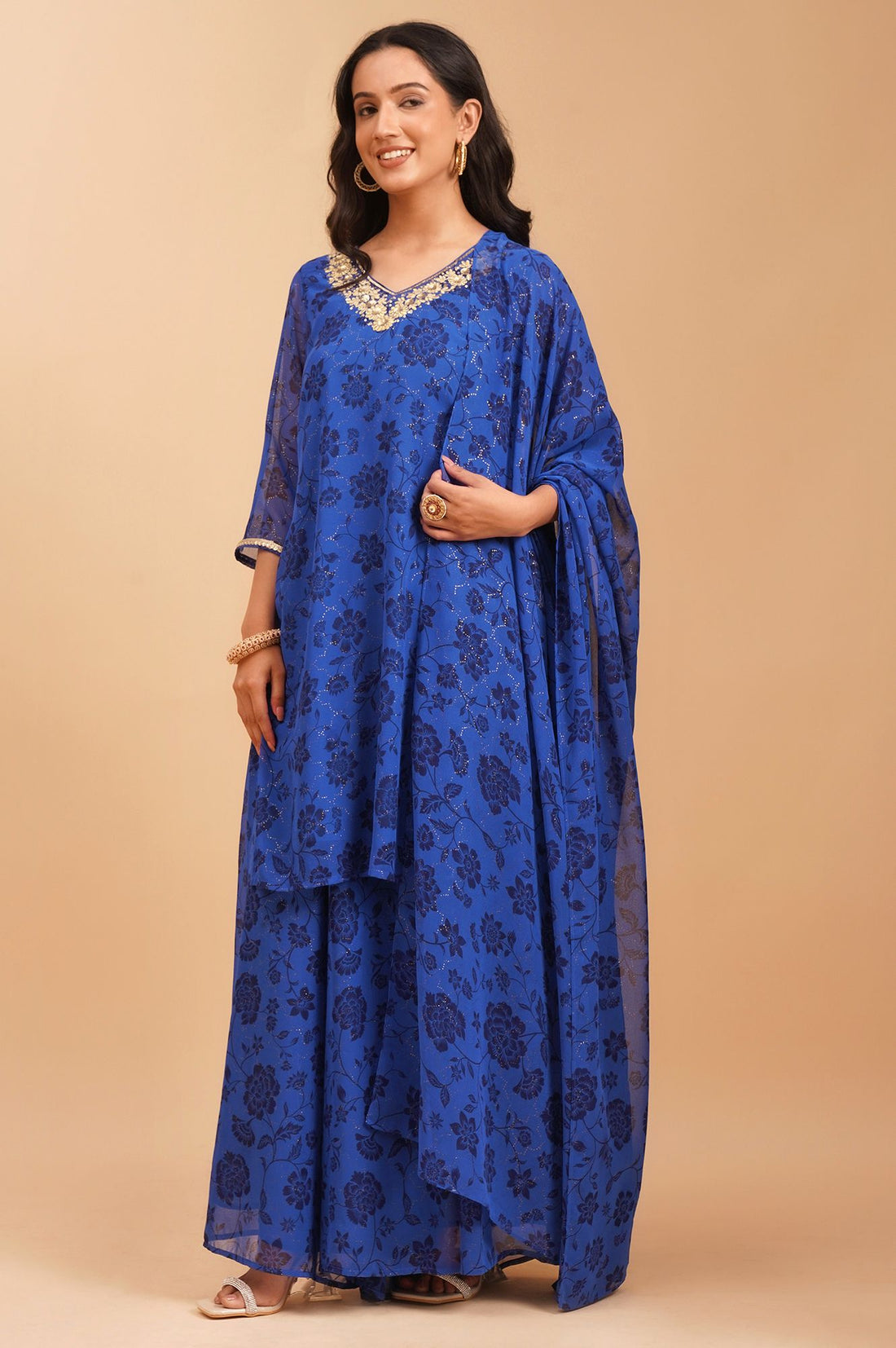 Blue Floral Printed Sequins Georgette Straight Kurta with Palazzo and Dupatta Set