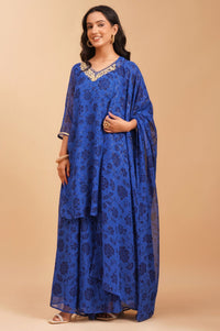 Blue Floral Printed Sequins Georgette Straight Kurta with Palazzo and Dupatta Set