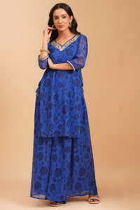 Blue Floral Printed Sequins Georgette Straight Kurta with Palazzo and Dupatta Set