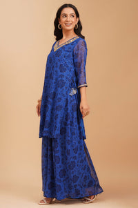 Blue Floral Printed Sequins Georgette Straight Kurta with Palazzo and Dupatta Set