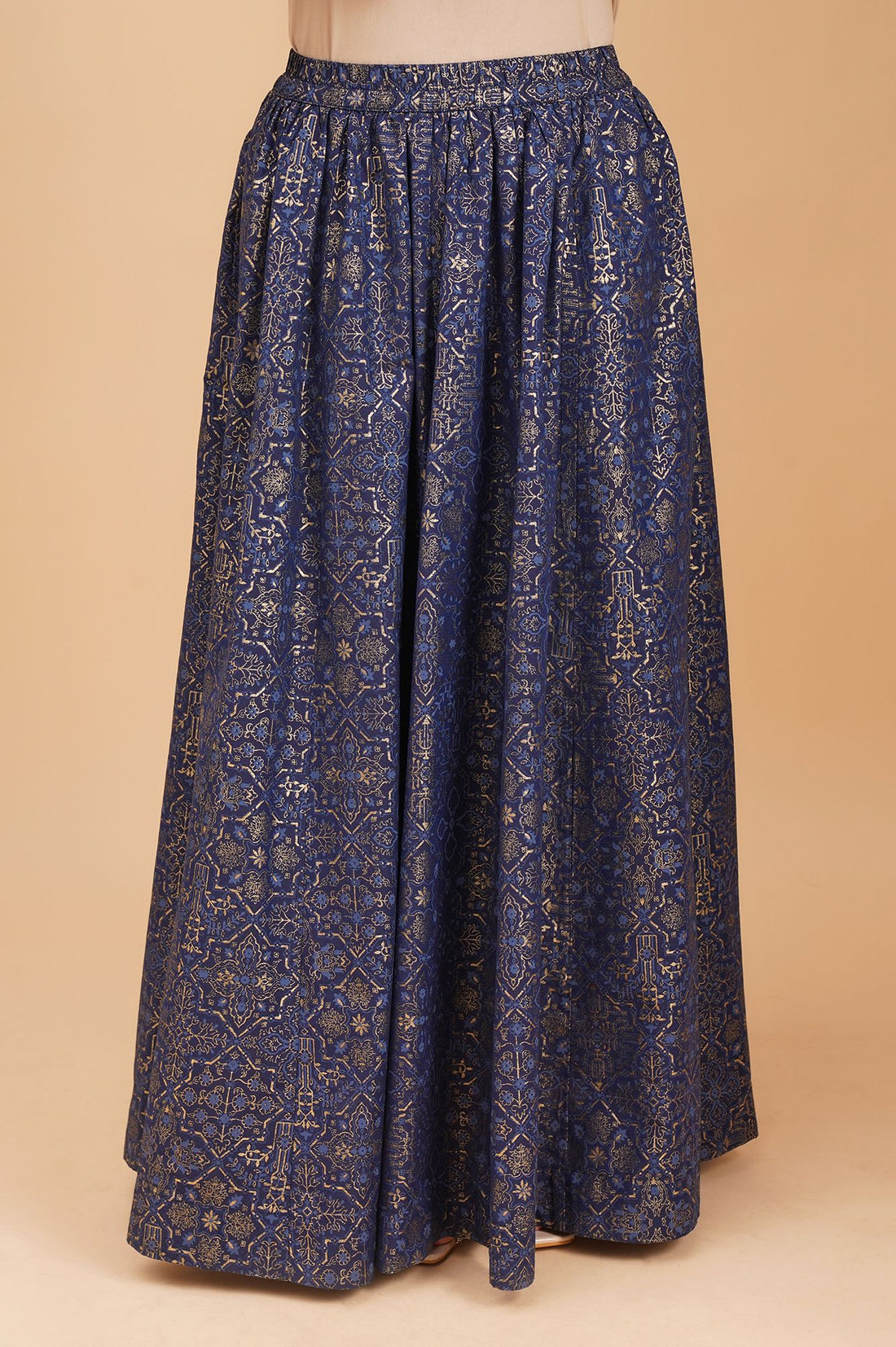 Navy Blue Yarn Dyed Embroidered Straight Kurta with Skirt and Dupatta Set