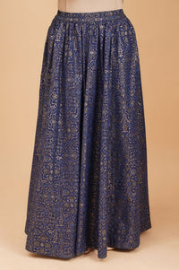 Navy Blue Yarn Dyed Embroidered Straight Kurta with Skirt and Dupatta Set