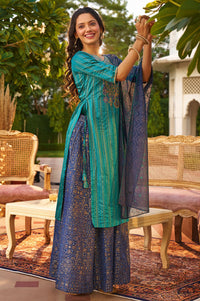 Navy Blue Yarn Dyed Embroidered Straight Kurta with Skirt and Dupatta Set