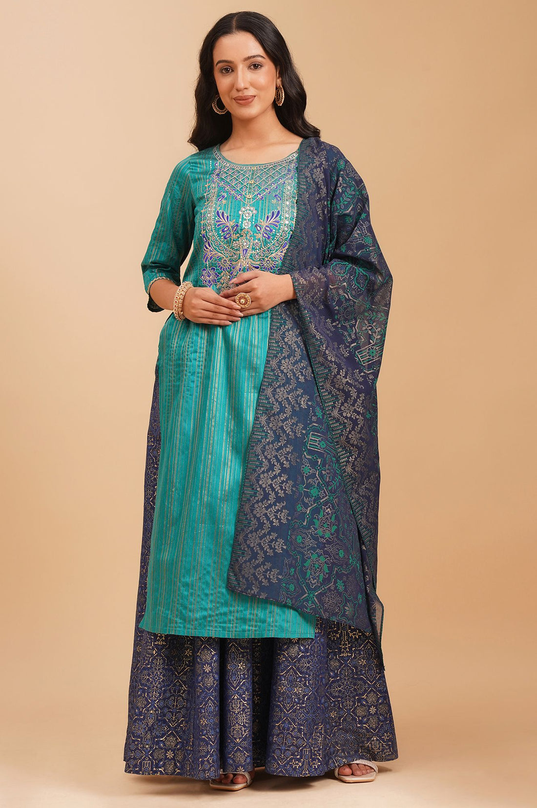 Navy Blue Yarn Dyed Embroidered Straight Kurta with Skirt and Dupatta Set