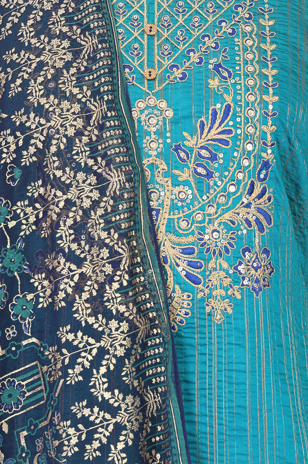 Aurelia Women's Teal Yarn Dyed Thread Embroidered Straight Kurta with Skirt and Dupatta Set