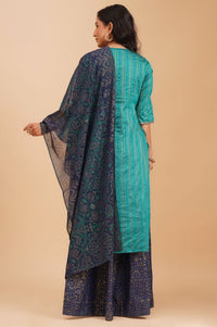 Navy Blue Yarn Dyed Embroidered Straight Kurta with Skirt and Dupatta Set