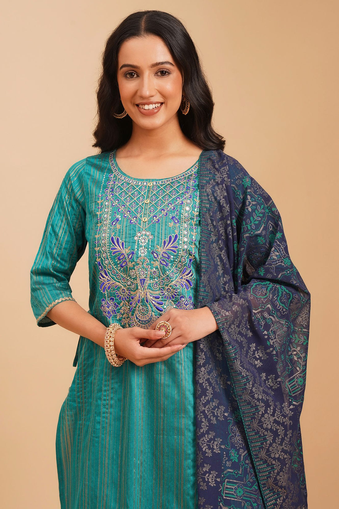 Navy Blue Yarn Dyed Embroidered Straight Kurta with Skirt and Dupatta Set