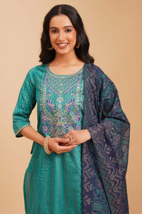 Navy Blue Yarn Dyed Embroidered Straight Kurta with Skirt and Dupatta Set