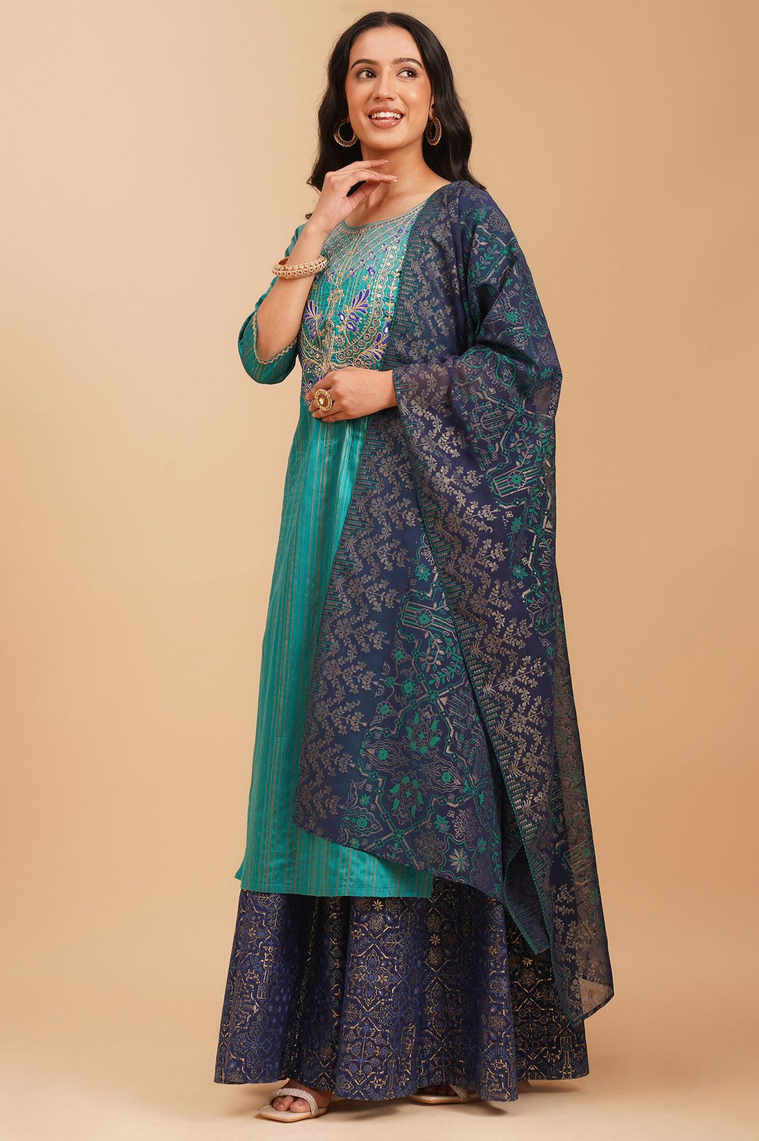 Navy Blue Yarn Dyed Embroidered Straight Kurta with Skirt and Dupatta Set