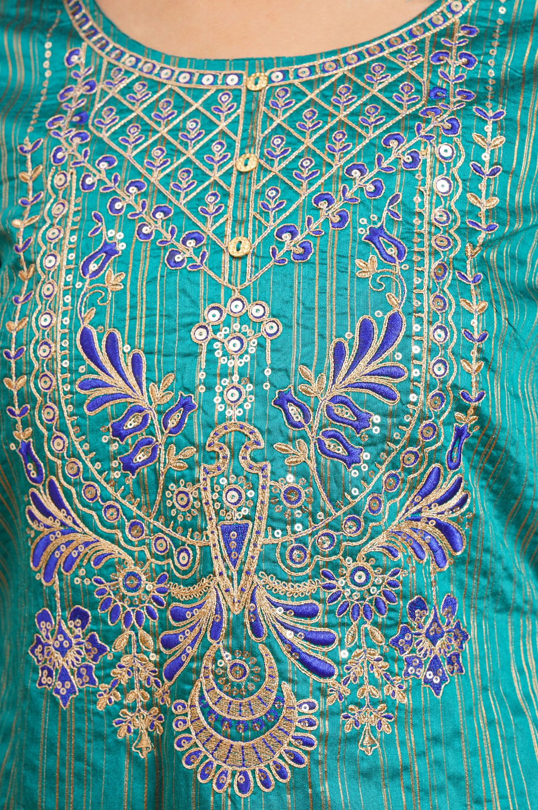 Navy Blue Yarn Dyed Embroidered Straight Kurta with Skirt and Dupatta Set