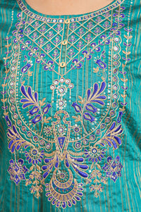 Navy Blue Yarn Dyed Embroidered Straight Kurta with Skirt and Dupatta Set