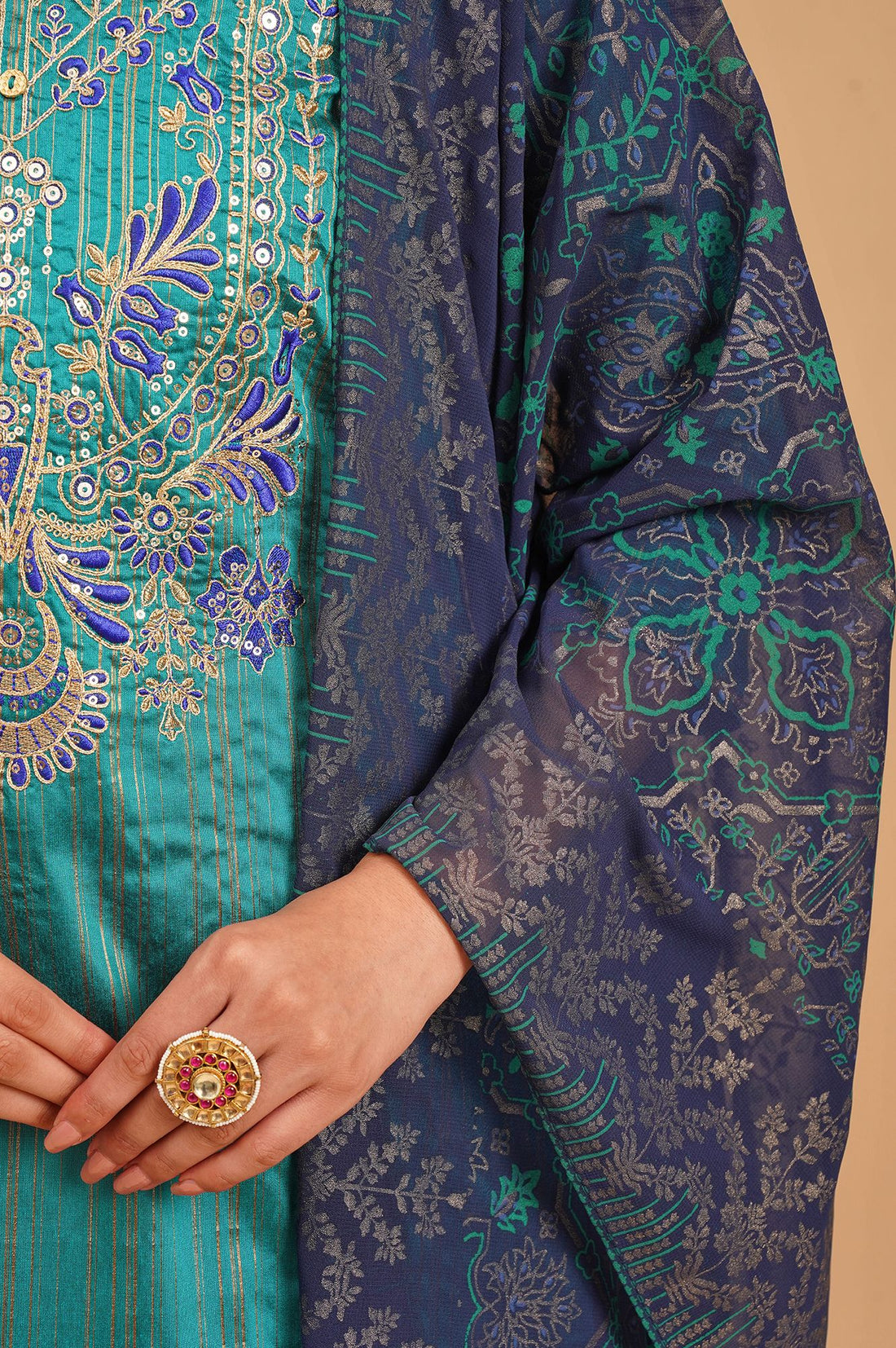Navy Blue Yarn Dyed Embroidered Straight Kurta with Skirt and Dupatta Set