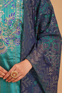 Navy Blue Yarn Dyed Embroidered Straight Kurta with Skirt and Dupatta Set