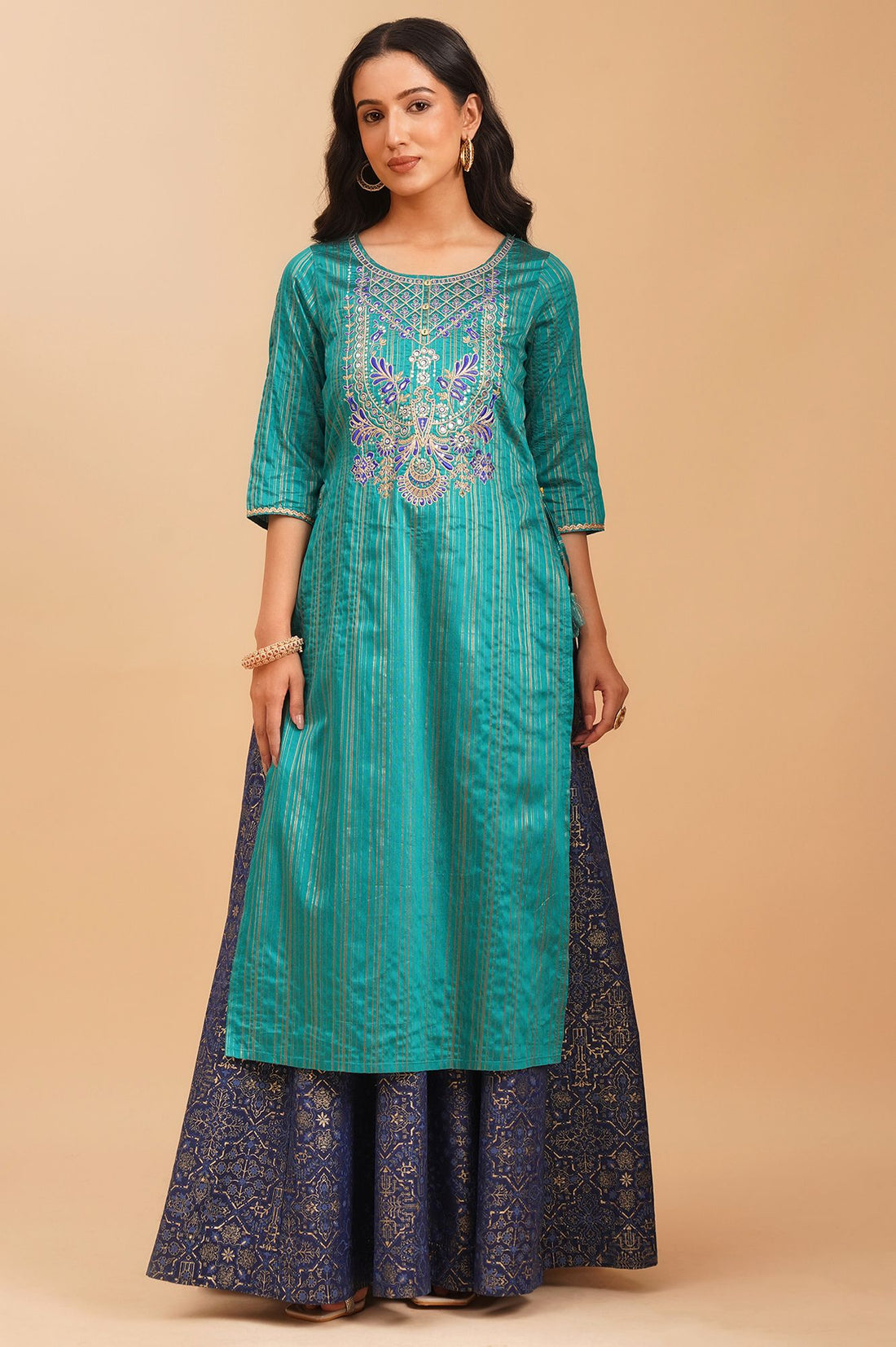 Navy Blue Yarn Dyed Embroidered Straight Kurta with Skirt and Dupatta Set