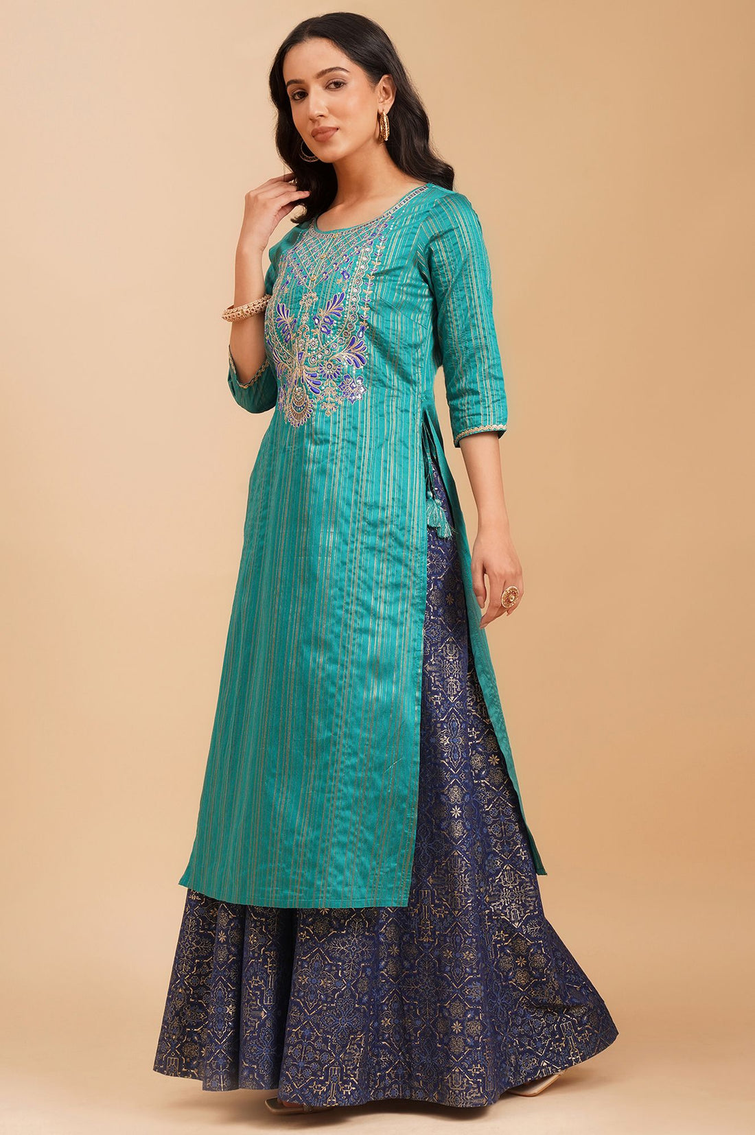 Navy Blue Yarn Dyed Embroidered Straight Kurta with Skirt and Dupatta Set