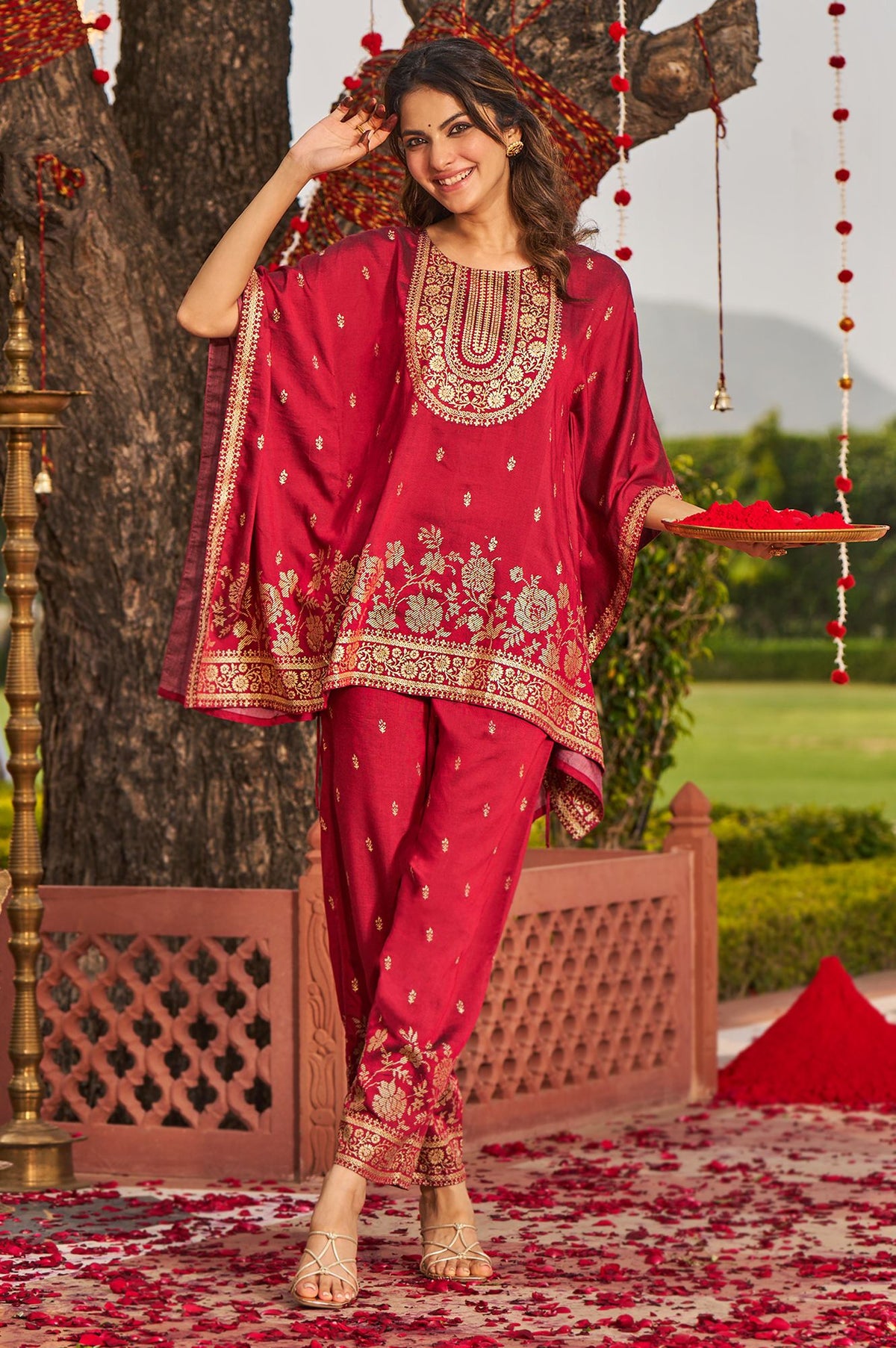 Maroon Embellished Vicuna Crepe Kaftan with Palazzo Set - S