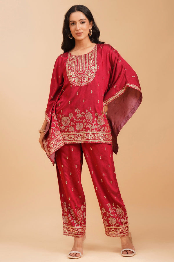 Maroon Embellished Vicuna Crepe Kaftan with Palazzo Set